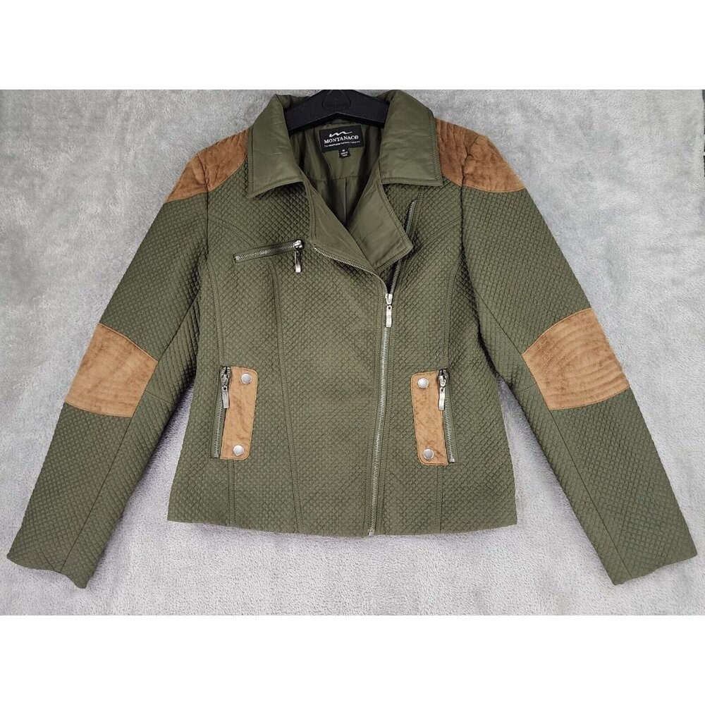 Montanaco Jacket Womens Medium Green Quilted Zip‎ Long Sleeve Elbow Patch Retro
